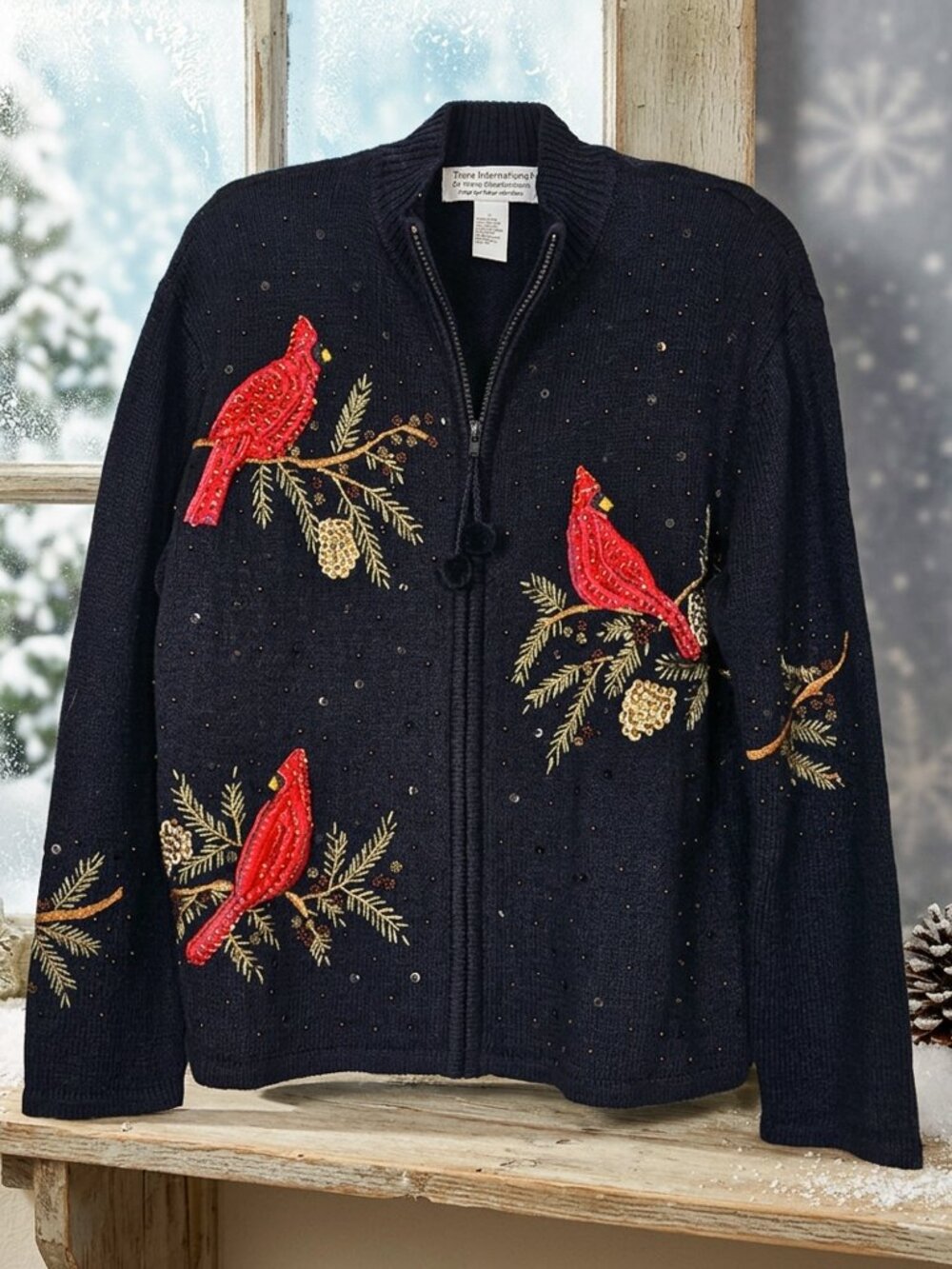 Vintage Tiara International Zip Front Sequin Cardinal Cardigan Sweater Size L